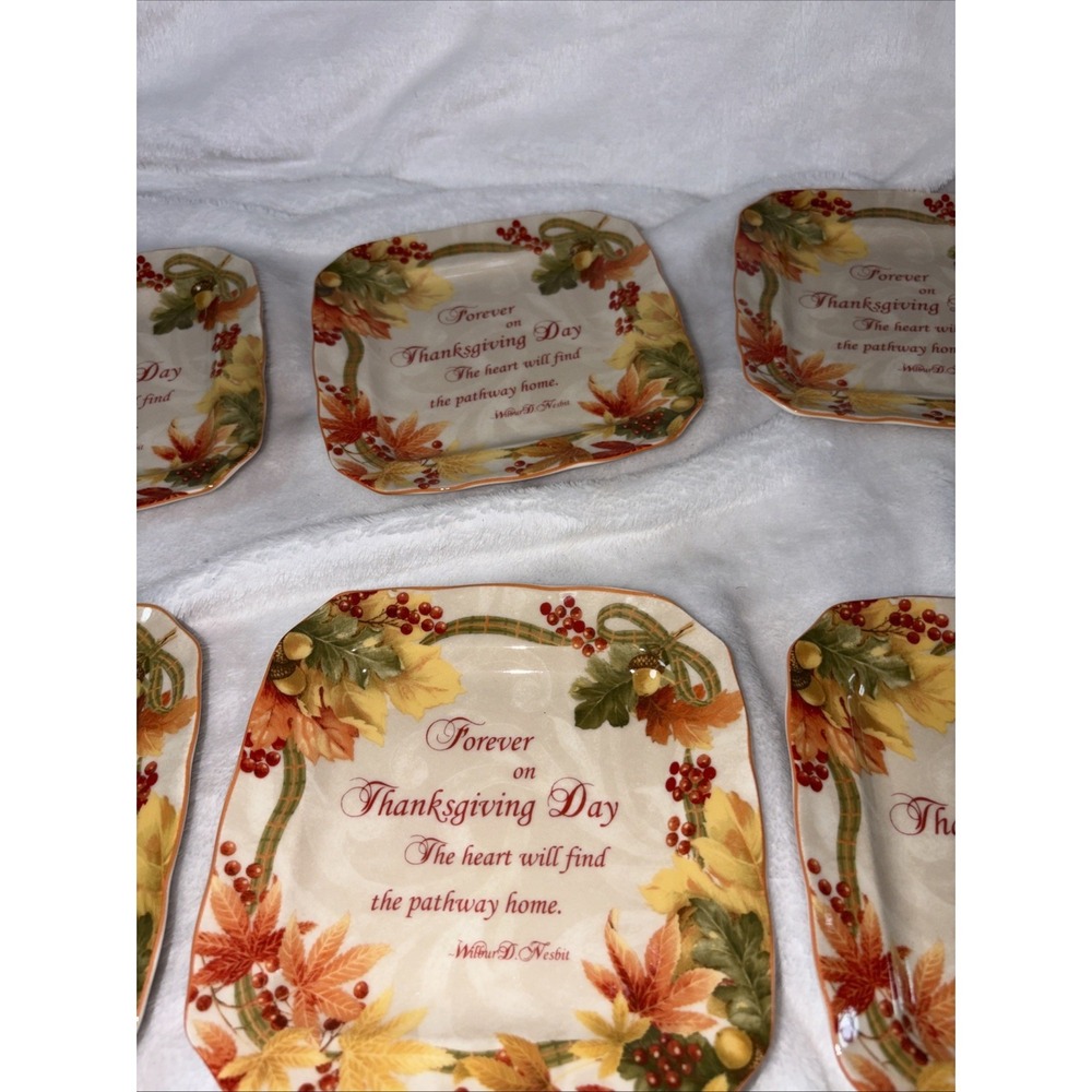 222 Fifth AUTUMN CELEBRATION Forever Square Appetizer Plate Set 8 Thanksgiving - Picture 3 of 9